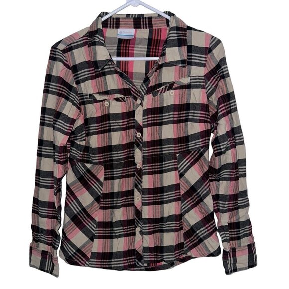 Columbia Womens Slide Rock Button Front Flannel Shirt Sz S Pink Black Plaid - Picture 1 of 6